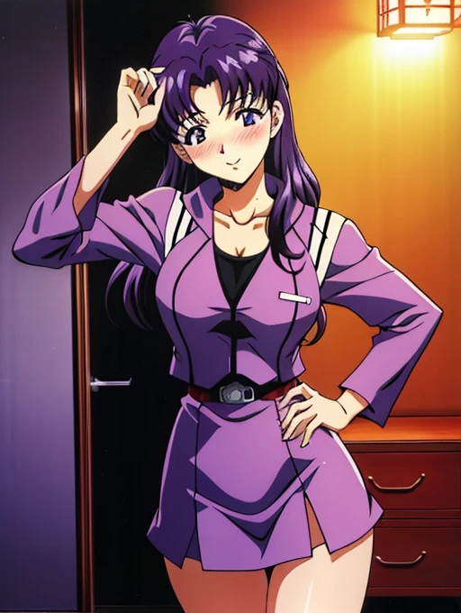 ((Katsuragi Castle_Misato)), Sailor suit,Miniskirt Photo shoot in apartment, Moderate_chest, Purple Hair,blush、 (analog quality:0.6), (Film Grain:0.8),Sexy pose