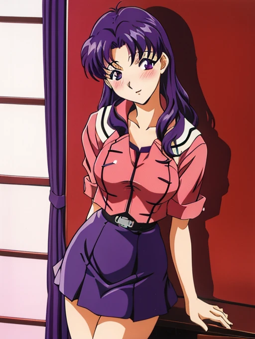 ((Katsuragi Castle_Misato)), Sailor suit,Miniskirt Photo shoot in apartment, Moderate_chest, Purple Hair,blush、 (analog quality:0.6), (Film Grain:0.8),Sexy pose