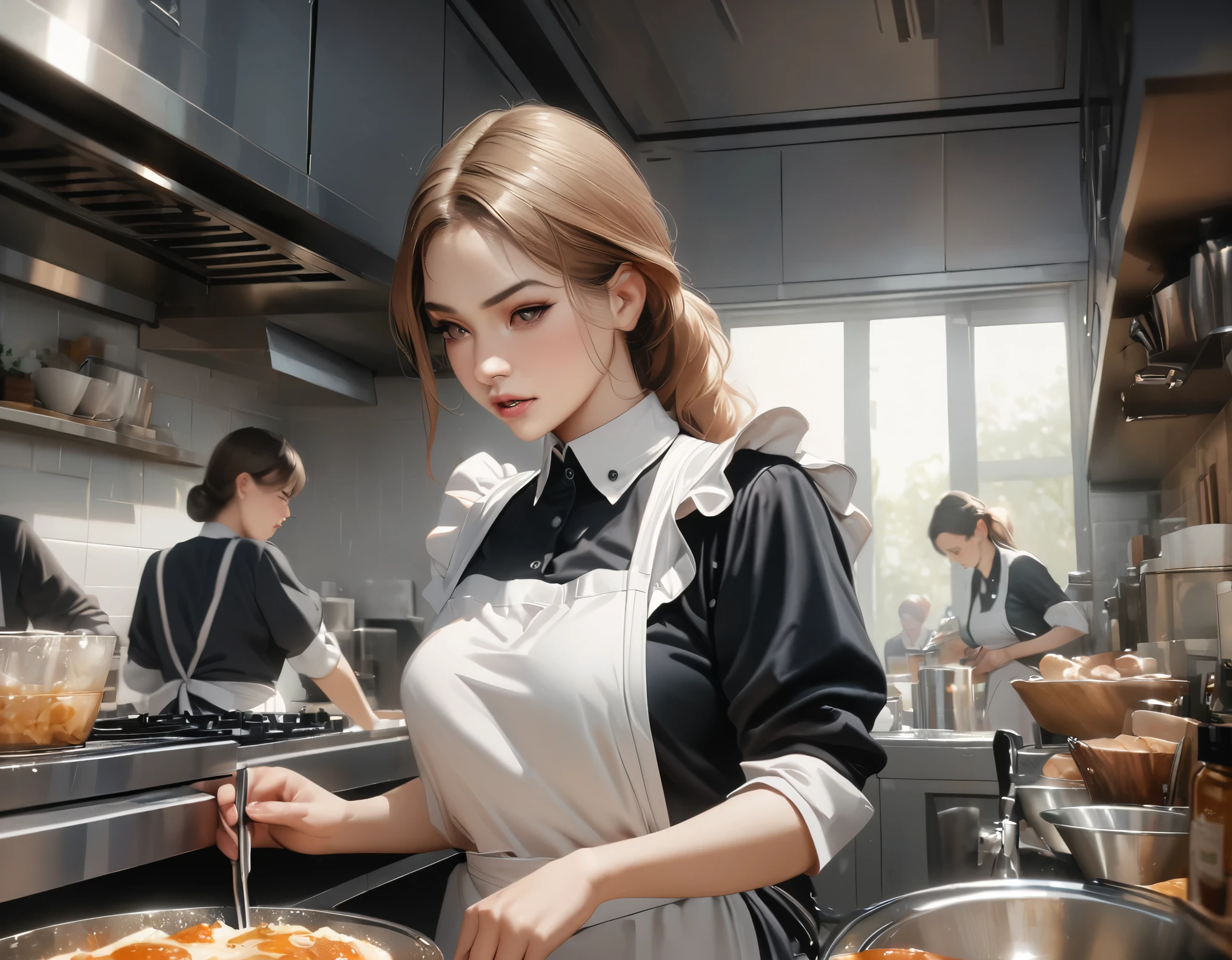 masterpiece, best quality, 8k, highres, realistic, detailed, Busy work in the kitchen, women in maid's uniforms, aprons, each hard at work,