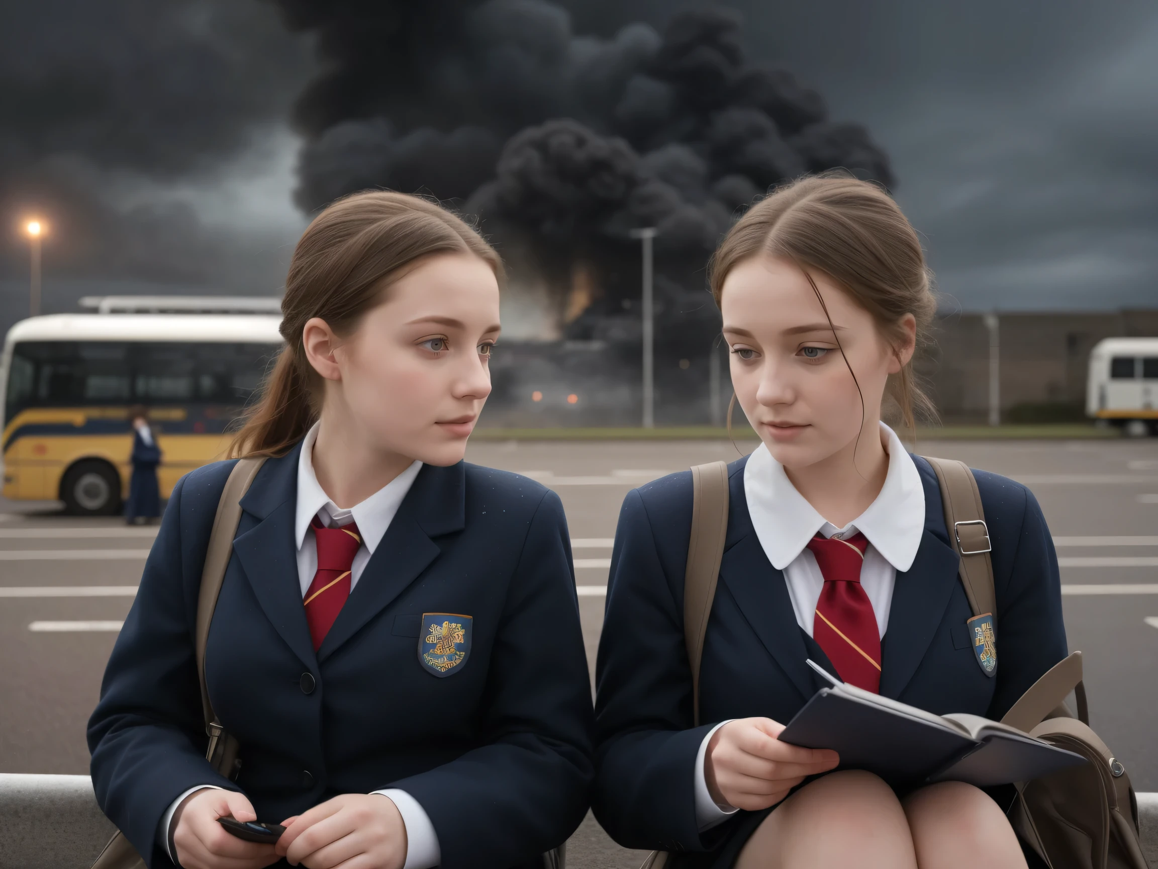 (((close up high definition))), two very calm beautiful school aged pale school girls texting, wearing catholic school uniforms, , sitting at a bus station in Scotland, raining, cloudy skies, crowd in background, burning buildings, smoke, bombs exploding, snowing, fiery explosions in background