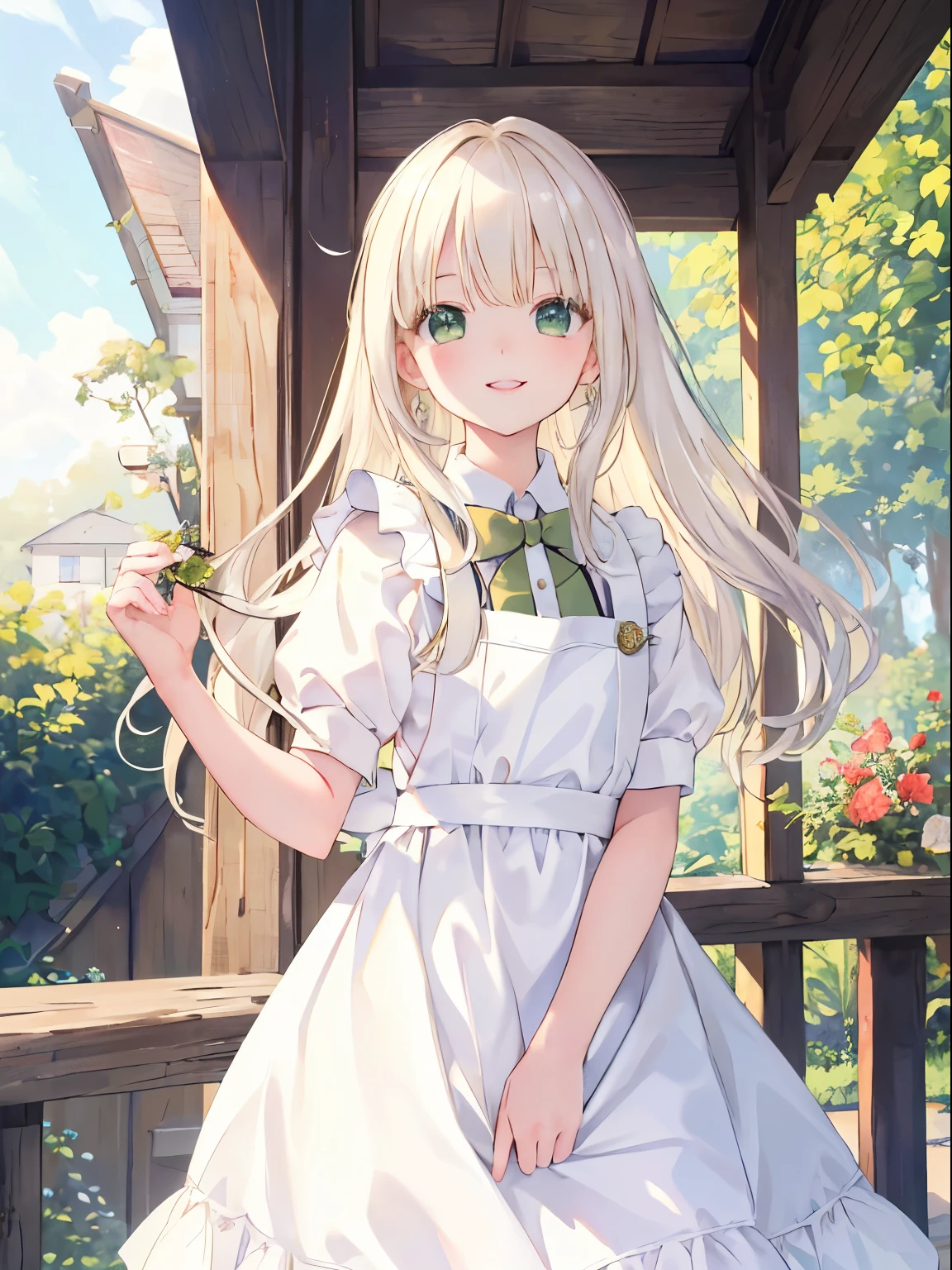 masterpiece, highest quality, Ultra-detailed, Beautiful lighting, With a girl, White apron, Blonde, (Green Eyes: 1.3), Are standing, No parks allowed, Beautiful views, Mild hot flashes, smile, (cute smile: 1,1), (Bright lips: 1,1), (Beautiful Eyes: 1,1), Long-haired, Harvesting herbs in the garden, Platinum Blonde
