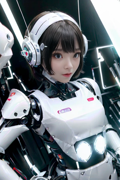 A girl in a futuristic bright white heavily armored robot suit takes a photo、perfect android girl, Female cyborg body, Perfect anime cyborg woman, Beautiful female android!, Female Robot, completely robot!! girl, Cute cyborg girl, Cyber Suit, Girl wearing mecha cybernetic armor, Cyber Suit, beutiful white girl cyborg, Beautiful female android, Beautiful girl cyborg、Cute cyborg girl with short bob hair、Beautiful android sculpture model、(Laughter)、((Rounded, white, sturdy armor))、(((Equipped with long sensor antennas on both ears)))、(((Robot Girl)))、(((Android girls)))、
