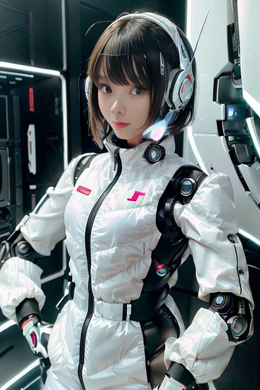 A girl in a futuristic bright white heavily armored robot suit takes a photo、perfect android girl, Female cyborg body, Perfect anime cyborg woman, Beautiful female android!, Female Robot, completely robot!! girl, Cute cyborg girl, Cyber Suit, Girl wearing mecha cybernetic armor, Cyber Suit, beutiful white girl cyborg, Beautiful female android, Beautiful girl cyborg、Cute cyborg girl with short bob hair、Beautiful android sculpture model、(Laughter)、((Rounded, white, sturdy armor))、(((Equipped with long sensor antennas on both ears)))、(((Robot Girl)))、(((Android girls)))、