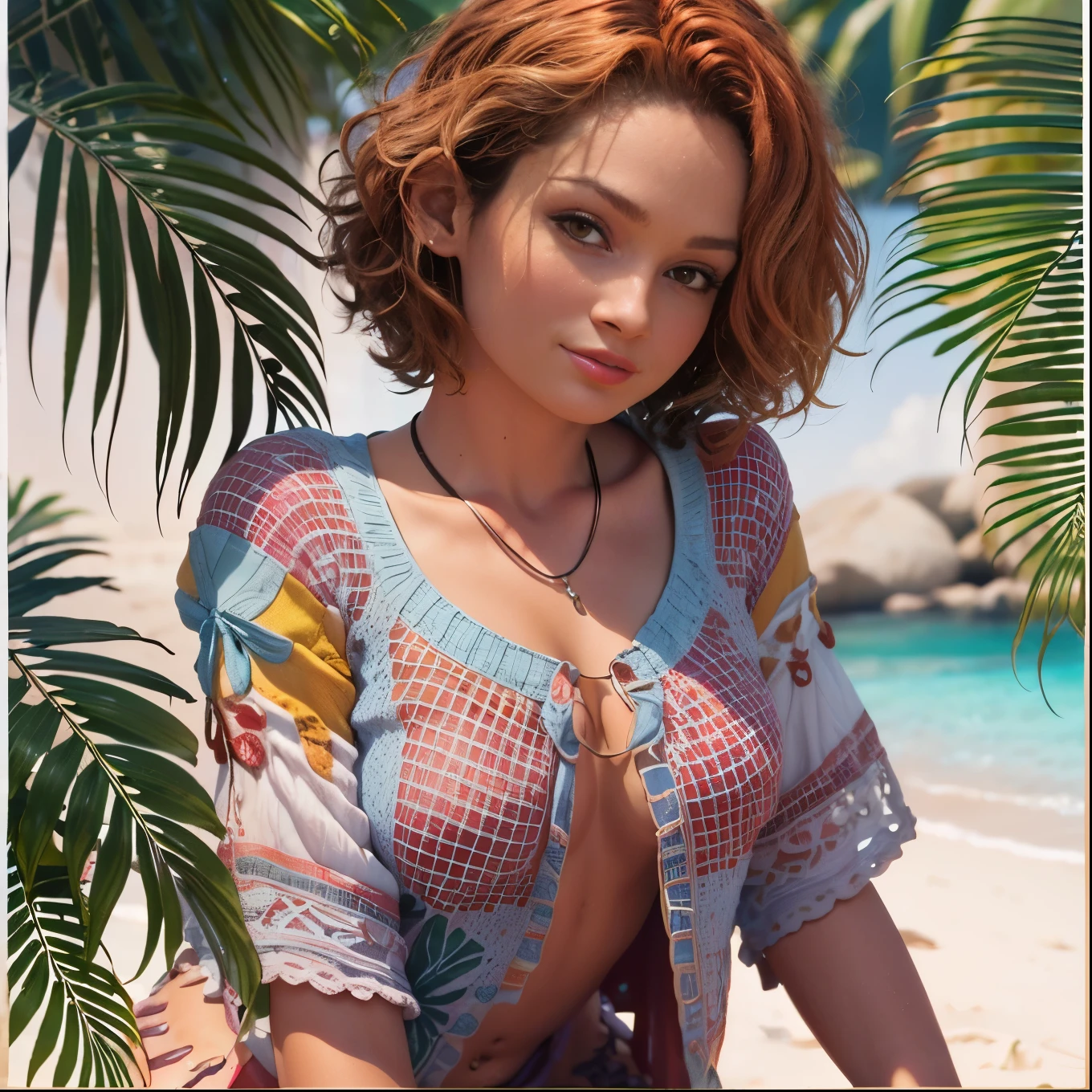 (Best quality, 8k, 32k, Masterpiece, UHD:1.2),Photo of Pretty woman, very short bob hair,upper body,face focus,oversized_shirt, necklace,  background, from above, looking at viewer, dyed red hair, tropical beach, smile, jacket, tunic, sfw, prinzzess 