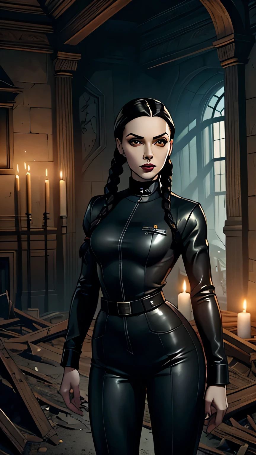 1woman, Wednesday Addams as the Sole Survivor in Fallout 4, beautiful woman, 25 years old, black twin braids, dark brown eyes, (pale skin), Latina, black vault-tec jumpsuit suit, number 111, white trim, black denim, black natural leather, in the ruins of her house in Sanctuary Hills in the New England Commonwealth, lit by candles
