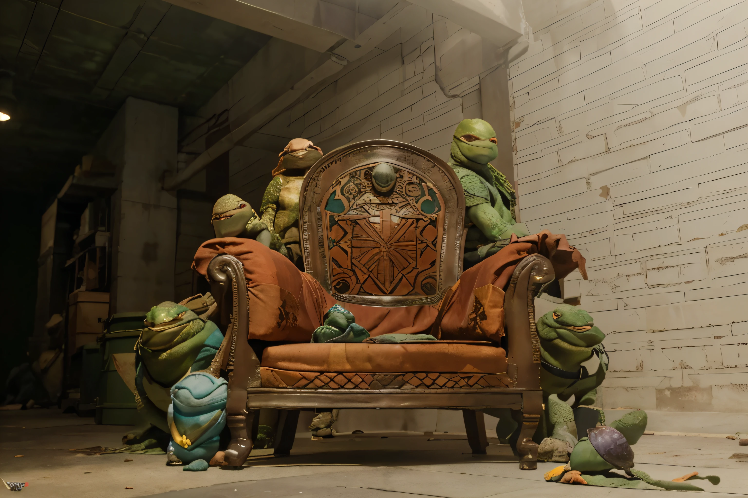 (Best quality, 8k, 32k, Masterpiece, UHD:1.2) Transform the setting of this image to feature the Teenage Mutant Ninja Turtles in their lair, centered around a giant throne-like chair. The environment should be a detailed sewer area with elements like exposed pipes, brick walls, and scattered debris, creating a gritty, underground atmosphere.
Introduce the Teenage Mutant Ninja Turtles in dynamic poses around the throne. They should have realistic reptilian details and textures while maintaining their humanoid appearance. Leonardo, with a textured blue bandana, should have smooth, greenish-brown skin and a detailed shell featuring subtle patterning. Michelangelo, wearing an orange bandana, should have a speckled, olive-green skin tone with webbed fingers and toes. Donatello, in a purple bandana, should exhibit darker, rugged skin with patches of mottled brown. Raphael, sporting a red bandana, should have rougher skin texture with visible veins and a deep green hue.
Highlight their reptilian nature with realistic skin textures, scales, and moist surfaces. The giant throne-like chair should be the focal point, possibly adorned with elements that reflect their personalities, such as weapon holders or skateboard designs. The turtles can be interacting with the chair, with one possibly sitting on it while others stand guard or engage in casual conversation.
The lighting should be dynamic, with contrasted shadows and highlights that accentuate their forms and the details of their surroundings. Use the environmental lighting from the lair, such as dim overhead lights and glowing screens, to cast realistic glows and reflections on the turtles and the sewer elements.
Ensure the scene captures the essence of their underground home, with the turtles appearing ready for action or relaxation, creating a vivid, engaging depiction of their lair.