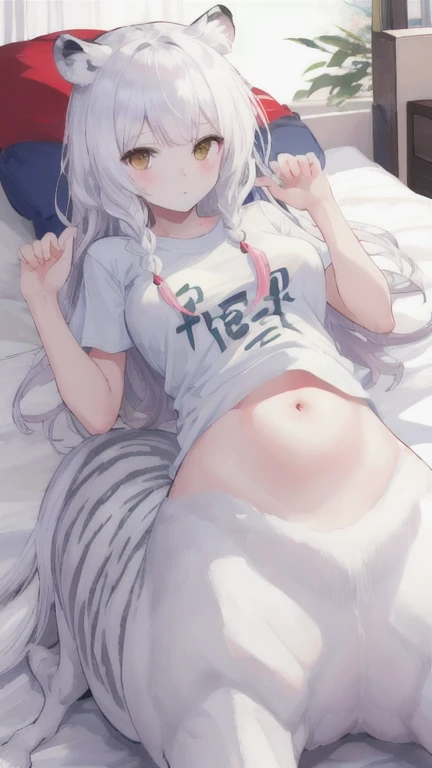 (best quality, masterpiece), 1 girl, centaur, It takes,White skin,Lying on the bed, belly button t-shirt, 아름다운 소녀 perfect white tiger photo, perfect white tiger photo
