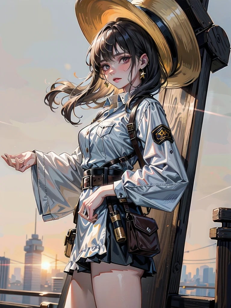 A young woman in a cowgirl outfit, holding a holster, detailed facial features including pale skin, 20 years old with a tearful mole and an earring, short wavy medium-length hair, best quality, 32k resolution, absurdres