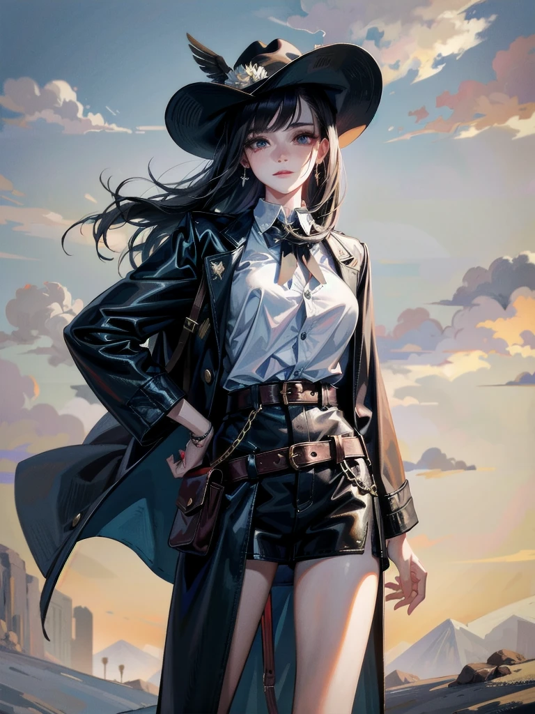 A young woman in a cowgirl outfit, holding a holster, detailed facial features including pale skin, 20 years old with a tearful mole and an earring, short wavy medium-length hair, best quality, 32k resolution, absurdres