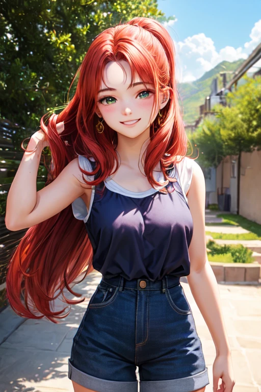 ((melhor qualidade)), ((Obra de arte)), (detalhado), perfect face17 years old redhead front face with beautiful hair smiling with left hand in hair , no campo
verde, correndo 
