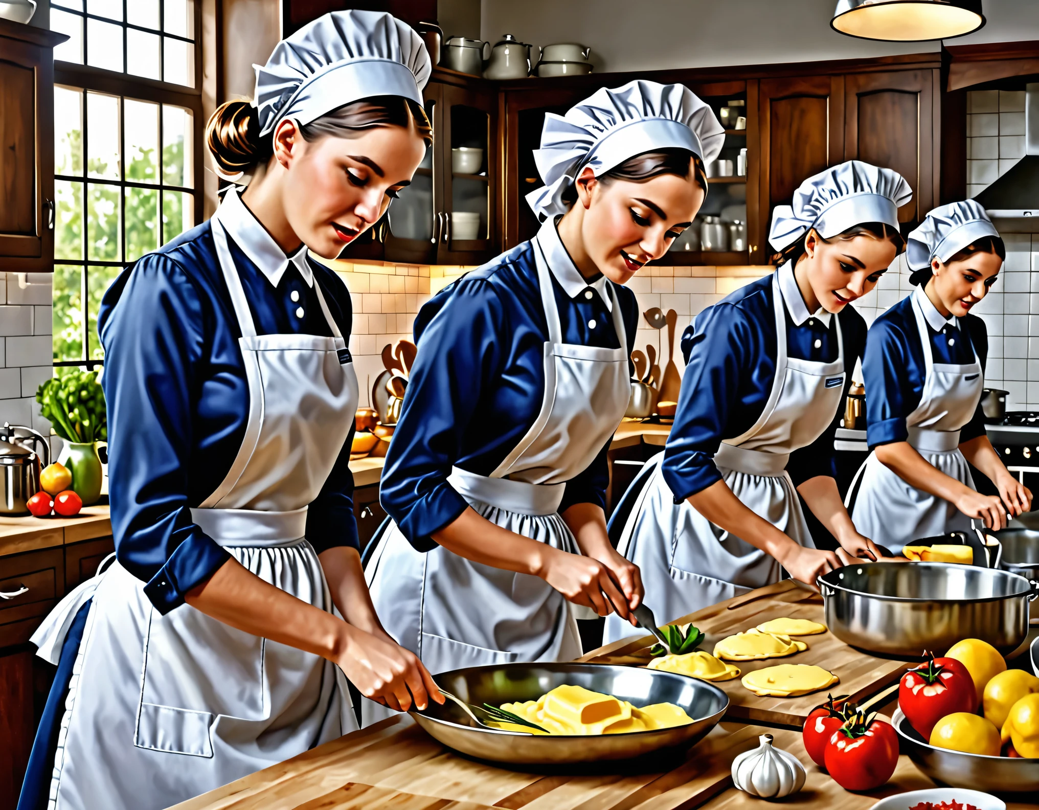 masterpiece, best quality, 8k, highres, realistic, detailed, Busy work in the kitchen, women in maid's uniforms, aprons, each hard at work,