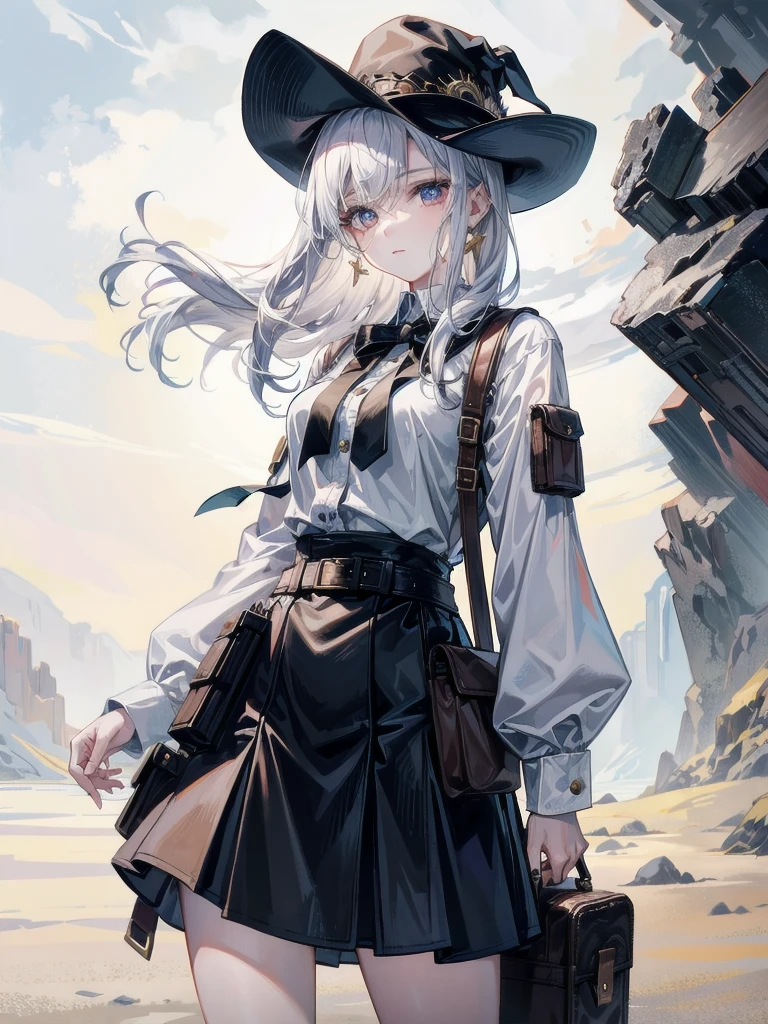 A young woman in a cowgirl outfit, holding a holster, detailed facial features including pale skin, 20 years old with a tearful mole and an earring, short wavy medium-length hair, best quality, 32k resolution, absurdres