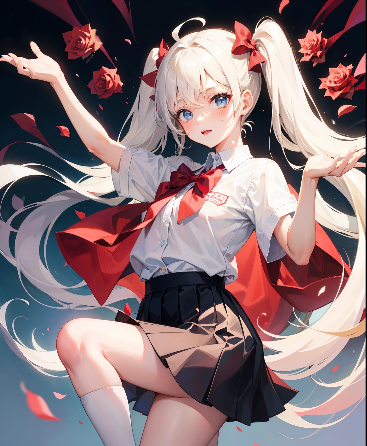 1 girl, 16 years old, Dynamic posing, different pose, Arrange pose,Top quality work, twin tails hair, Show Legs,(long white hair),(blue eyes), Rose cheeks, Pretty Face, A perfectly proportioned face, school white shirt with red bow and black skirt, shirt tucked into skirt, (school uniform), (school white shirt), white stockings,  round small breasts