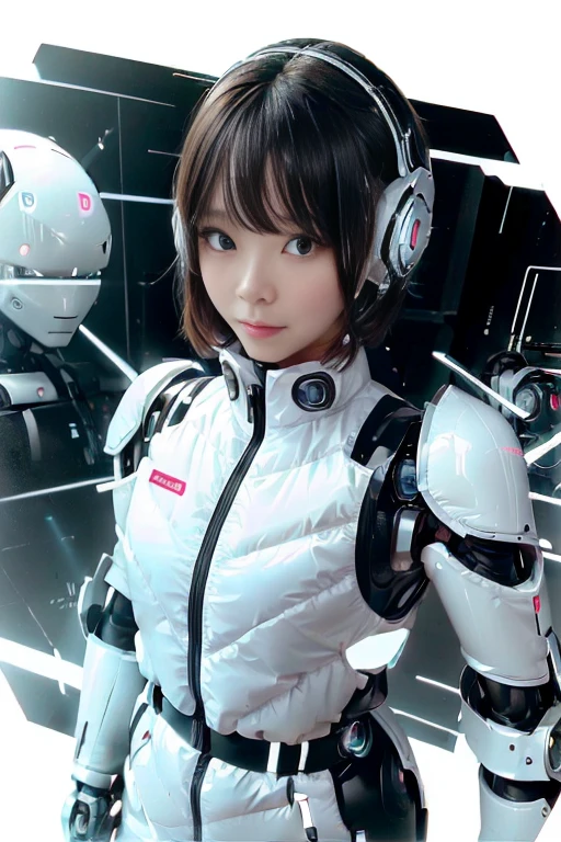 A girl in a futuristic bright white heavily armored robot suit takes a photo、perfect android girl, Female cyborg body, Perfect anime cyborg woman, Beautiful female android!, Female Robot, completely robot!! girl, Cute cyborg girl, Cyber Suit, Girl wearing mecha cybernetic armor, Cyber Suit, beutiful white girl cyborg, Beautiful female android, Beautiful girl cyborg、Cute cyborg girl with short bob hair、Beautiful android sculpture model、(Laughter)、((Rounded, white, sturdy armor))、(((Equipped with long sensor antennas on both ears)))、(((Robot Girl)))、(((Android girls)))、
