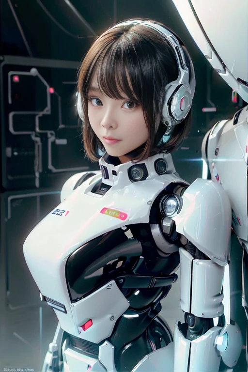 A girl in a futuristic bright white heavily armored robot suit takes a photo、perfect android girl, Female cyborg body, Perfect anime cyborg woman, Beautiful female android!, Female Robot, completely robot!! girl, Cute cyborg girl, Cyber Suit, Girl wearing mecha cybernetic armor, Cyber Suit, beutiful white girl cyborg, Beautiful female android, Beautiful girl cyborg、Cute cyborg girl with short bob hair、Beautiful android sculpture model、(Laughter)、((Rounded, white, sturdy armor))、(((Equipped with long sensor antennas on both ears)))、(((Robot Girl)))、(((Android girls)))、