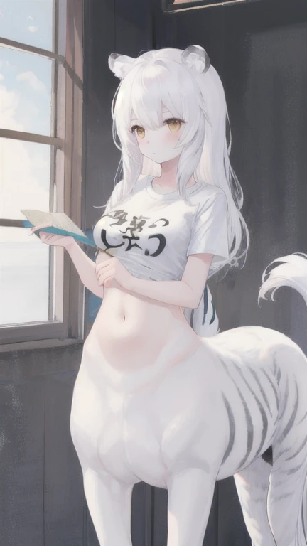 (best quality, masterpiece), 1 girl, centaur, It takes,White skin, belly button t-shirt, 아름다운 소녀 perfect white tiger photo, perfect white tiger photo