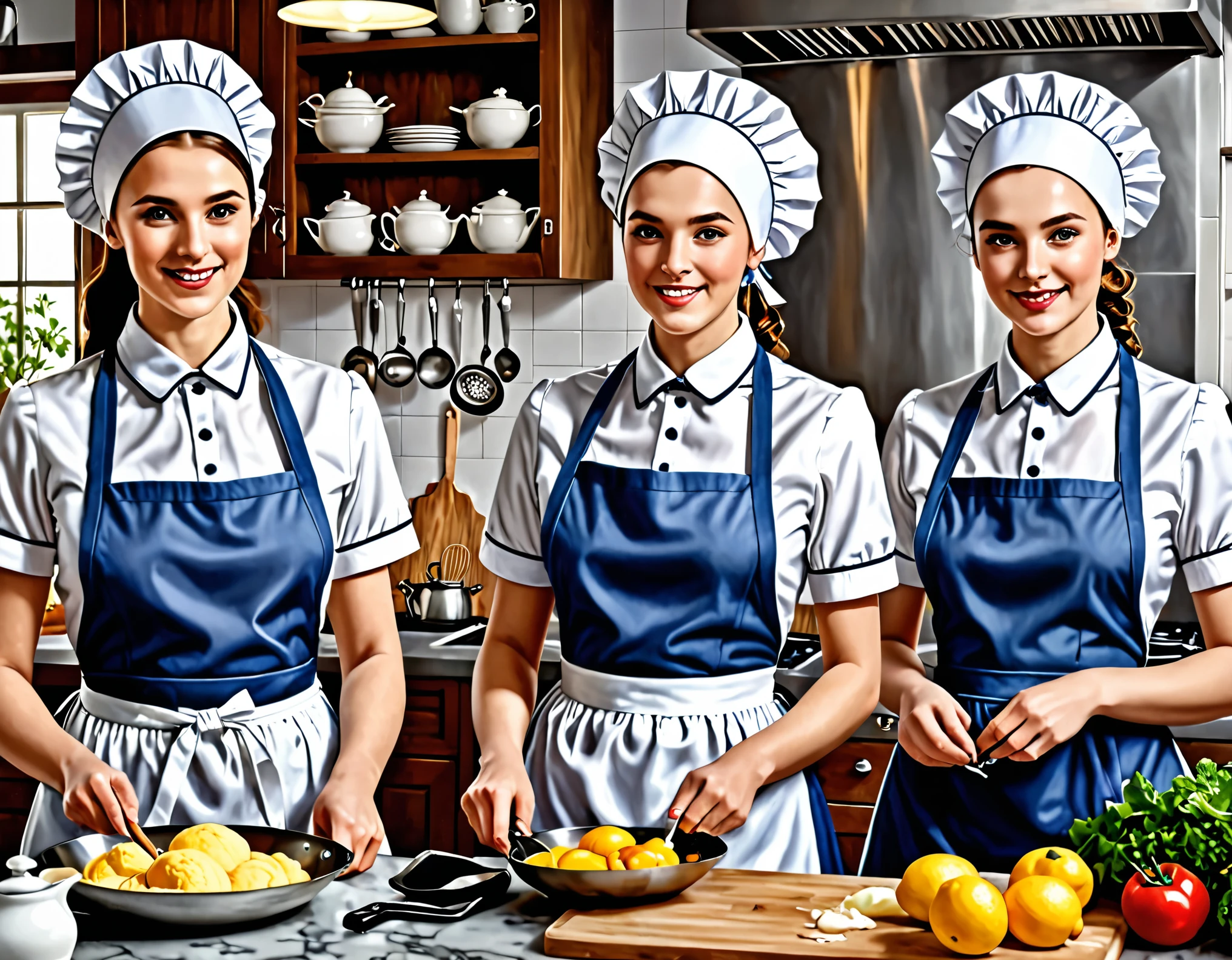masterpiece, best quality, 8k, highres, realistic, detailed, Busy work in the kitchen, women in maid's uniforms, aprons, each hard at work,