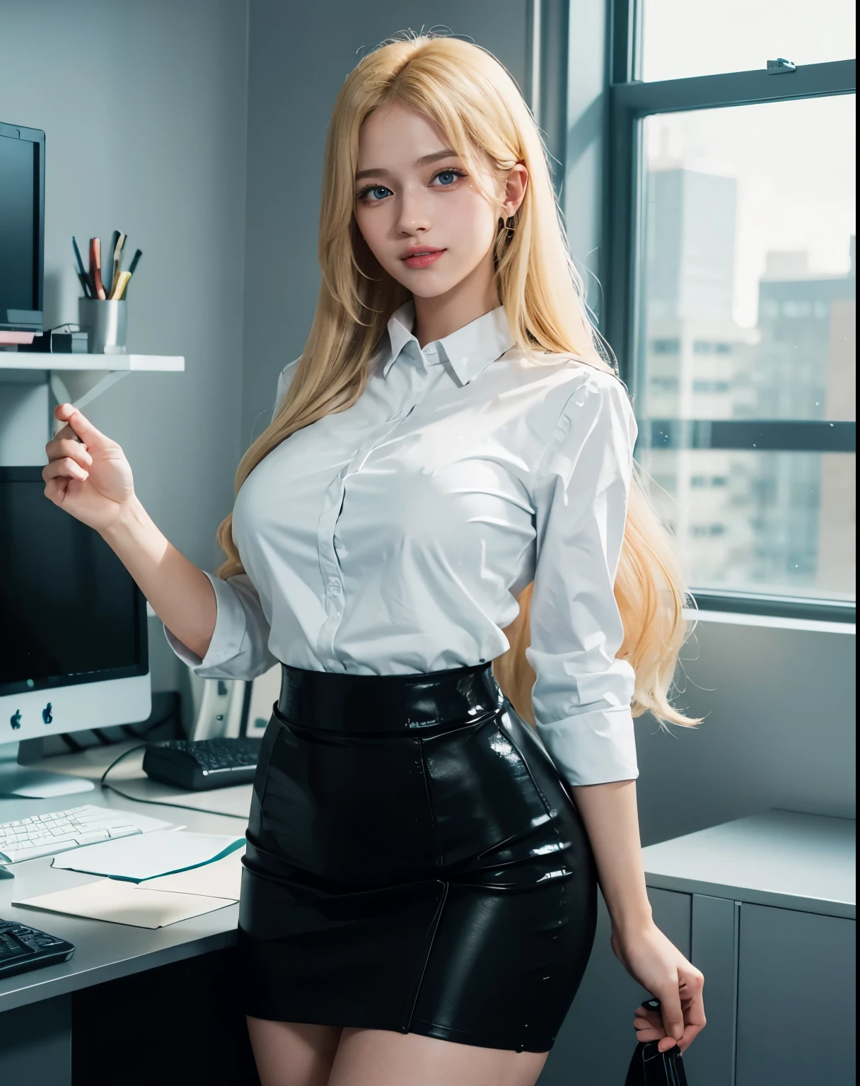 1girl, (Blue Eyes), (smiling :1.2), (Sana Minatozaki), (wide hips :1.2), Big tits, (big ass), (thin waist: 1.2), (thick and toned thighs :1.1), (Best Quality, 8k, Masterpiece: 1.3), Clear Focus: 1.2, Perfect Body Beauty: 1.4, strong abs, Highly detailed face and skin texture, detailed eyes, double eyelids, (blonde long straight hair), (white dress shirt), (black secretary skirt :1.2), (pump :1.2), standing, dynamic pose, in an office, desks with computers in the background, blurred background