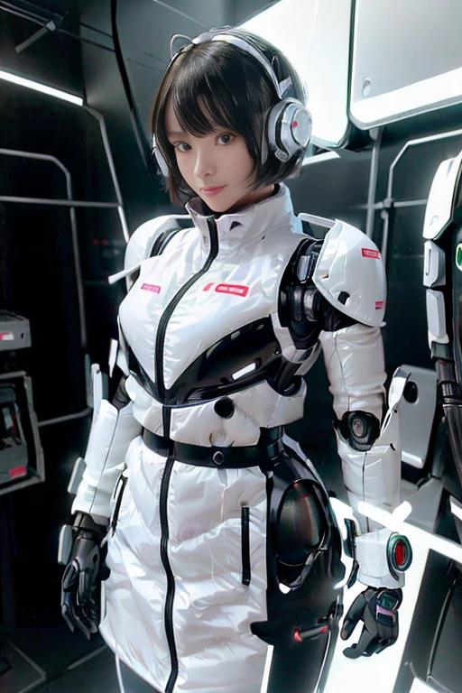 A girl in a futuristic bright white heavily armored robot suit takes a photo、perfect android girl, Female cyborg body, Perfect anime cyborg woman, Beautiful female android!, Female Robot, completely robot!! girl, Cute cyborg girl, Cyber Suit, Girl wearing mecha cybernetic armor, Cyber Suit, beutiful white girl cyborg, Beautiful female android, Beautiful girl cyborg、Cute cyborg girl with short bob hair、Beautiful android sculpture model、(Laughter)、((Rounded, white, sturdy armor))、(((Equipped with long sensor antennas on both ears)))、(((Robot Girl)))、(((Android girls)))、