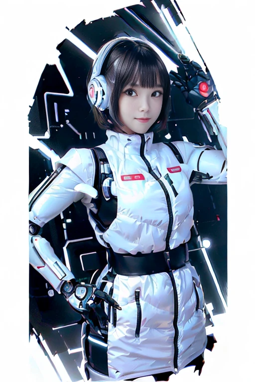 A girl in a futuristic bright white heavily armored robot suit takes a photo、perfect android girl, Female cyborg body, Perfect anime cyborg woman, Beautiful female android!, Female Robot, completely robot!! girl, Cute cyborg girl, Cyber Suit, Girl wearing mecha cybernetic armor, Cyber Suit, beutiful white girl cyborg, Beautiful female android, Beautiful girl cyborg、Cute cyborg girl with short bob hair、Beautiful android sculpture model、(Laughter)、((Rounded, white, sturdy armor))、(((Equipped with long sensor antennas on both ears)))、(((Robot Girl)))、(((Android girls)))、