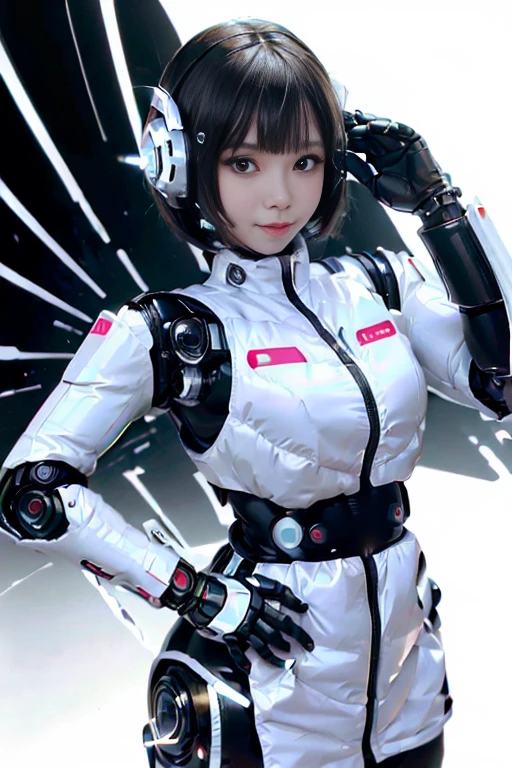 A girl in a futuristic bright white heavily armored robot suit takes a photo、perfect android girl, Female cyborg body, Perfect anime cyborg woman, Beautiful female android!, Female Robot, completely robot!! girl, Cute cyborg girl, Cyber Suit, Girl wearing mecha cybernetic armor, Cyber Suit, beutiful white girl cyborg, Beautiful female android, Beautiful girl cyborg、Cute cyborg girl with short bob hair、Beautiful android sculpture model、(Laughter)、((Rounded, white, sturdy armor))、(((Equipped with long sensor antennas on both ears)))、(((Robot Girl)))、(((Android girls)))、