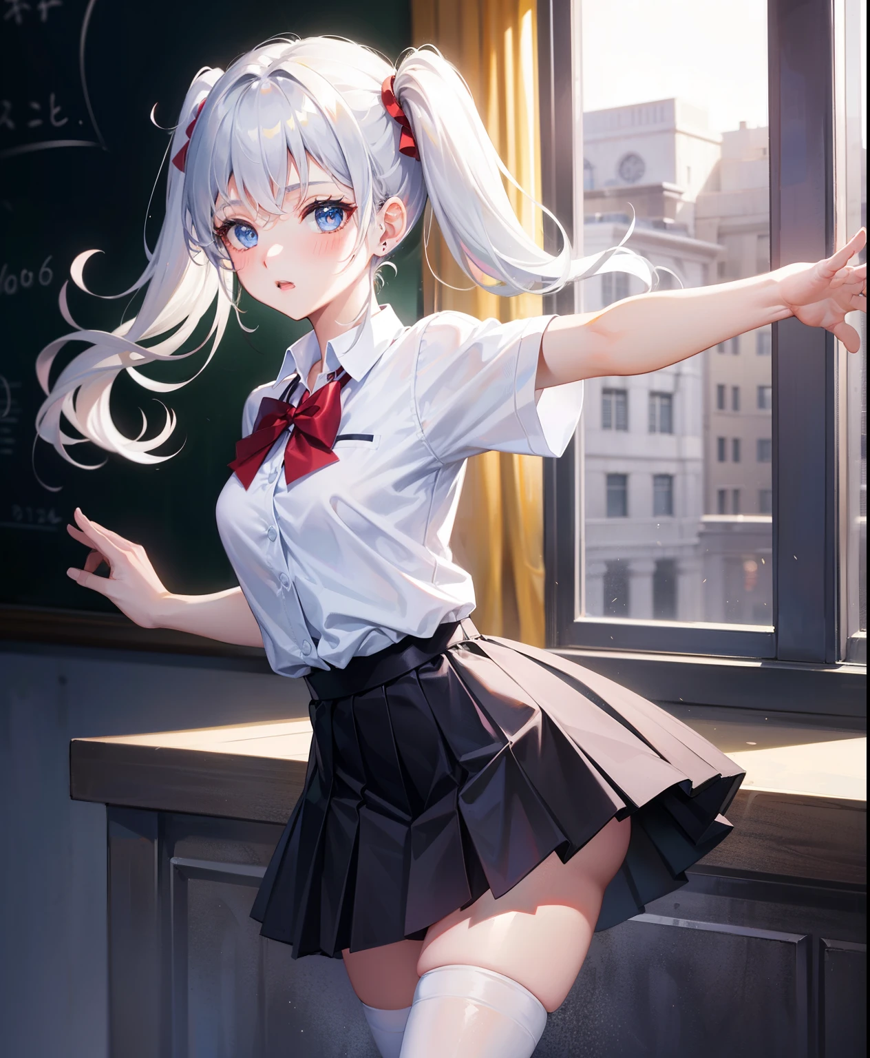 1 girl, , Dynamic posing, different poses, Arrange pose,Top quality work, twin tails hair, Show Legs,(long white hair),(blue eyes), Rose cheeks, Pretty Face, A perfectly proportioned face, school white shirt with red bow and black skirt, shirt tucked into skirt, (school uniform), (school white shirt), white stockings, round small breasts, dancing