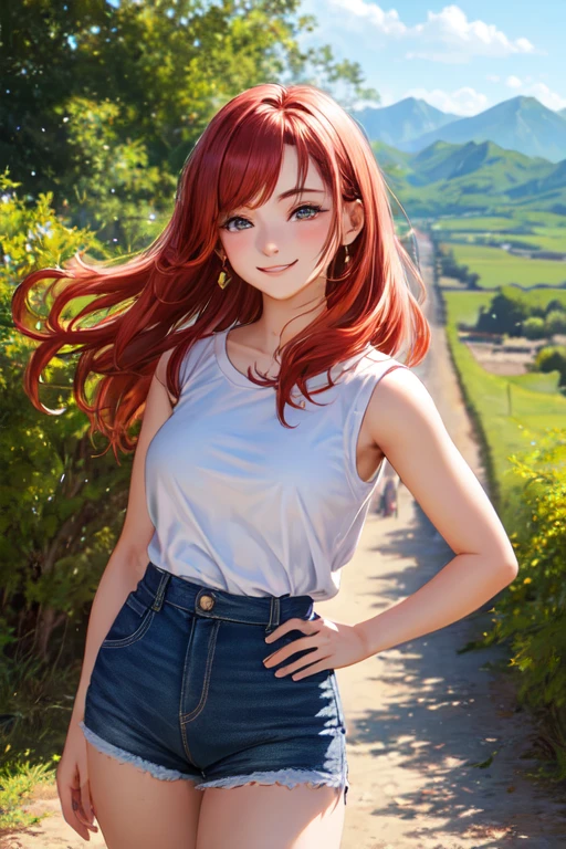 ((melhor qualidade)), ((Obra de arte)), (detalhado), perfect face17 years old redhead front face with beautiful hair smiling with left hand in hair , no campo
verde, correndo