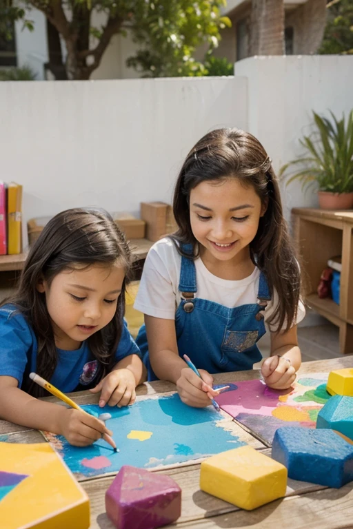 Design a vibrant and attractive image that represents an innovative company that sells educational rocks for children. The image should convey a fun and educational atmosphere, showing children of different ages and ethnicities enjoying themselves while coloring rocks with different shapes and sizes. The rocks should be decorated with colorful and varied patterns, some with shapes of animals, flowers and geometric figures. The scene should be set in a welcoming, creative space, such as a classroom or garden, with art supplies such as brushes, paints, and color palettes visible in the environment. Include elements that highlight the educational nature of the activity, such as open books, whiteboards with pictures, and an overall sense of learning and fun. The image should have bright colors and a friendly visual style to appeal to both children and parents.