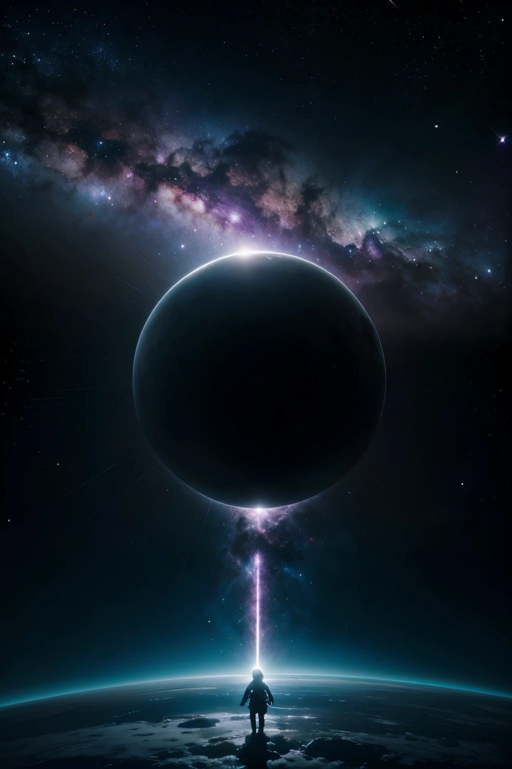 Um planeta roxo celeste, a distant galaxy, a giant clock, um foguete e um astronauta perdido