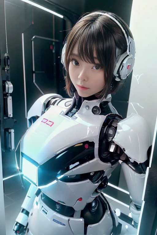 A girl in a futuristic bright white heavily armored robot suit takes a photo、perfect android girl, Female cyborg body, Perfect anime cyborg woman, Beautiful female android!, Female Robot, completely robot!! girl, Cute cyborg girl, Cyber Suit, Girl wearing mecha cybernetic armor, Cyber Suit, beutiful white girl cyborg, Beautiful female android, Beautiful girl cyborg、Cute cyborg girl with short bob hair、Beautiful android sculpture model、(Laughter)、((Rounded, white, sturdy armor))、(((Equipped with long sensor antennas on both ears)))、(((Robot Girl)))、(((Android girls)))、