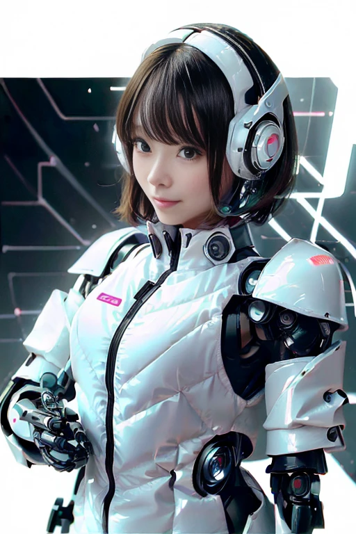 A girl in a futuristic bright white heavily armored robot suit takes a photo、perfect android girl, Female cyborg body, Perfect anime cyborg woman, Beautiful female android!, Female Robot, completely robot!! girl, Cute cyborg girl, Cyber Suit, Girl wearing mecha cybernetic armor, Cyber Suit, beutiful white girl cyborg, Beautiful female android, Beautiful girl cyborg、Cute cyborg girl with short bob hair、Beautiful android sculpture model、(Laughter)、((Rounded, white, sturdy armor))、(((Equipped with long sensor antennas on both ears)))、(((Robot Girl)))、(((Android girls)))、