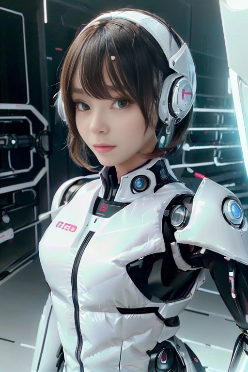 A girl in a futuristic bright white heavily armored robot suit takes a photo、perfect android girl, Female cyborg body, Perfect anime cyborg woman, Beautiful female android!, Female Robot, completely robot!! girl, Cute cyborg girl, Cyber Suit, Girl wearing mecha cybernetic armor, Cyber Suit, beutiful white girl cyborg, Beautiful female android, Beautiful girl cyborg、Cute cyborg girl with short bob hair、Beautiful android sculpture model、(Laughter)、((Rounded, white, sturdy armor))、(((Equipped with long sensor antennas on both ears)))、(((Robot Girl)))、(((Android girls)))、