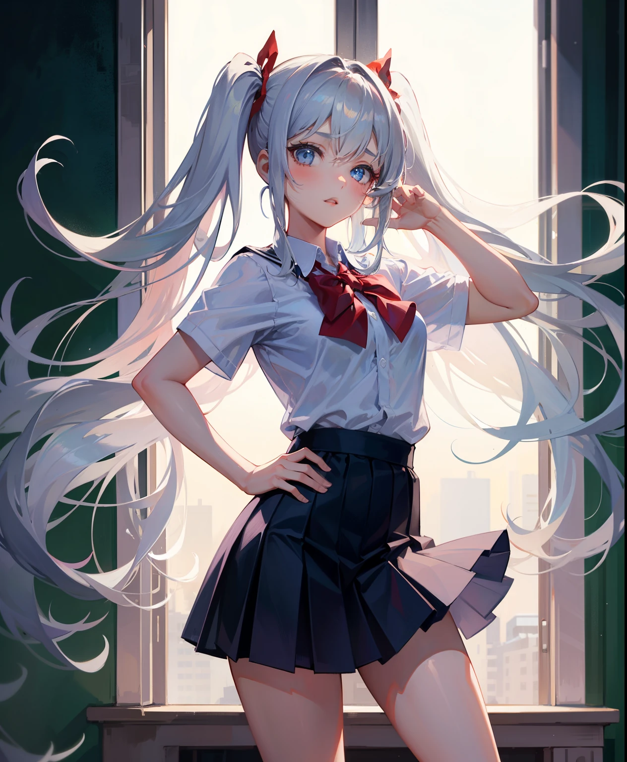 1 girl, 16 years old, Dynamic posing, different poses, Arrange pose,Top quality work, twin tails hair, Show Legs,(long white hair),(blue eyes), Rose cheeks, Pretty Face, A perfectly proportioned face, school white shirt with red bow and black skirt, shirt tucked into skirt, (school uniform), (school white shirt), white stockings, small breasts, dancing