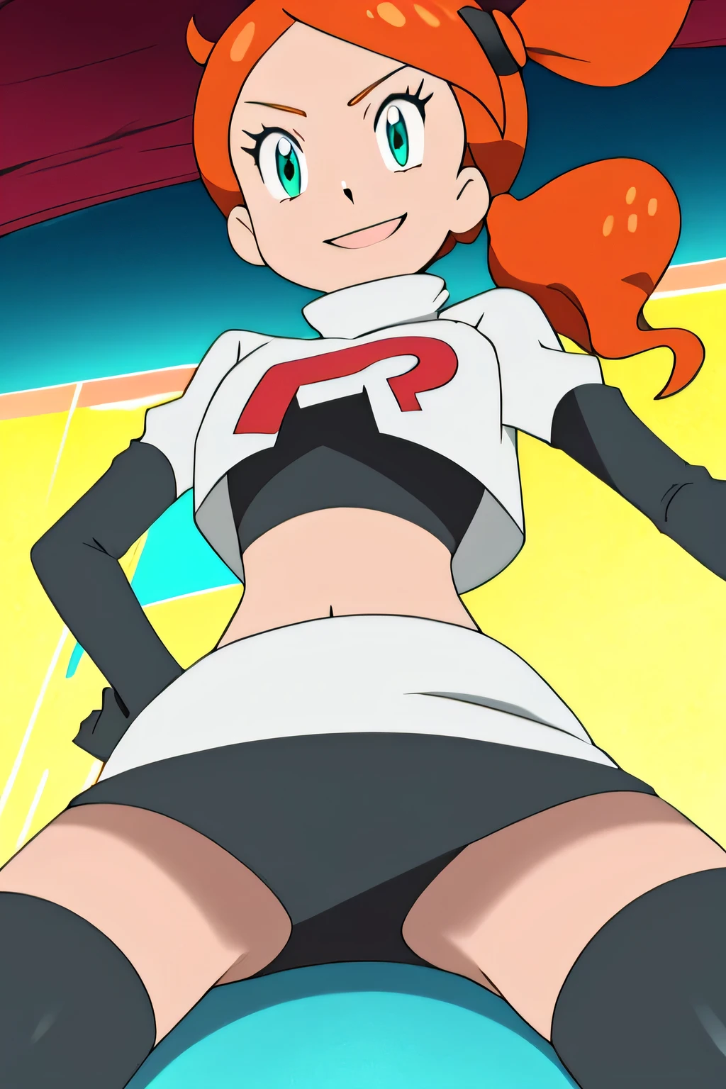 8k, masterpiece,highres, team rocket uniform, red letter r, white skirt,white crop top,black thigh-high boots, black elbow gloves, evil smile, looking down at viewer, hands on hips, cowboy shot, zettai ryouiki,spread legs,from below, black panties,anime art style, vivid colors, sharp focus, intense lighting,sonia,side ponytail,orange hair, heart hair ornaments, aqua eyes, eyewear on head
