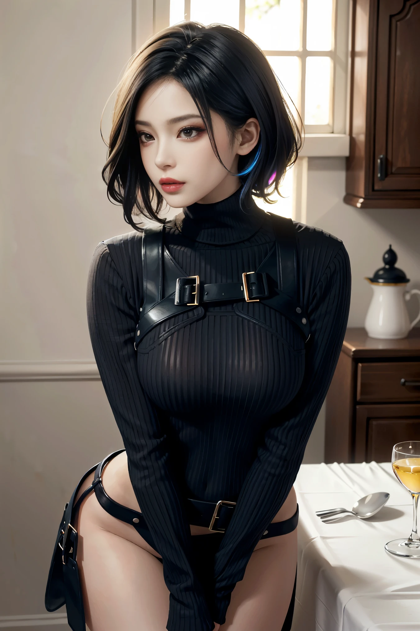 (chef-d&#39;artwork, best quality)
AdaWongRE,  1fille, seulement, seins, regarder le spectateur, cheveux courts, large seins, cheveux noirs, Gants, yeux marrons, cheveux multicolores, ceinture, cheveux bicolores, pull-over, lips, le maillot de corps, se maquiller, lipstick, ribbed pull-over, Realistic
