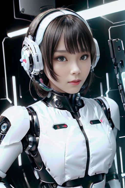 A girl in a futuristic bright white heavily armored robot suit takes a photo、perfect android girl, Female cyborg body, Perfect anime cyborg woman, Beautiful female android!, Female Robot, completely robot!! girl, Cute cyborg girl, Cyber Suit, Girl wearing mecha cybernetic armor, Cyber Suit, beutiful white girl cyborg, Beautiful female android, Beautiful girl cyborg、Cute cyborg girl with short bob hair、Beautiful android sculpture model、(Laughter)、((Rounded, white, sturdy armor))、(((Equipped with long sensor antennas on both ears)))、(((Robot Girl)))、(((Android girls)))、