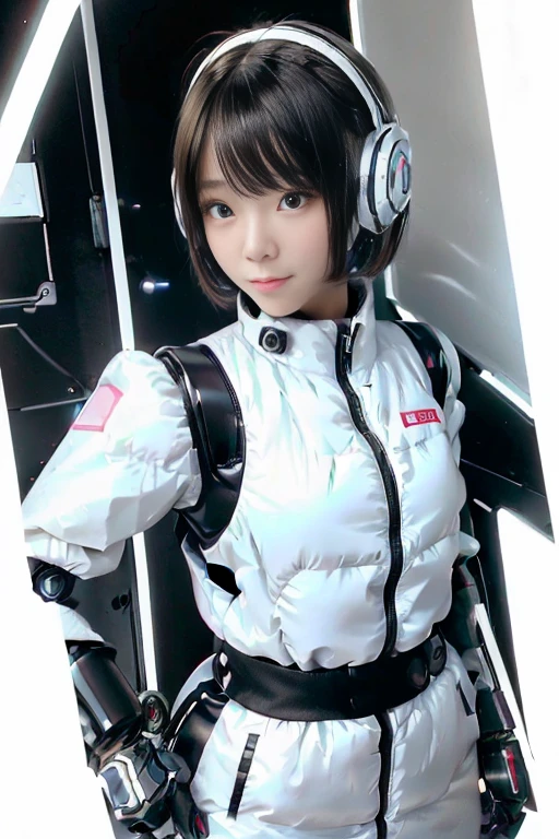 A girl in a futuristic bright white heavily armored robot suit takes a photo、perfect android girl, Female cyborg body, Perfect anime cyborg woman, Beautiful female android!, Female Robot, completely robot!! girl, Cute cyborg girl, Cyber Suit, Girl wearing mecha cybernetic armor, Cyber Suit, beutiful white girl cyborg, Beautiful female android, Beautiful girl cyborg、Cute cyborg girl with short bob hair、Beautiful android sculpture model、(Laughter)、((Rounded, white, sturdy armor))、(((Equipped with long sensor antennas on both ears)))、(((Robot Girl)))、(((Android girls)))、