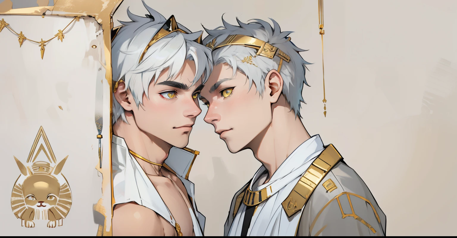 cute 18 year old boy yellow eyes white hair ancient egyptian clothing golden jewelry black and gold ancient egyptian tribal clothing