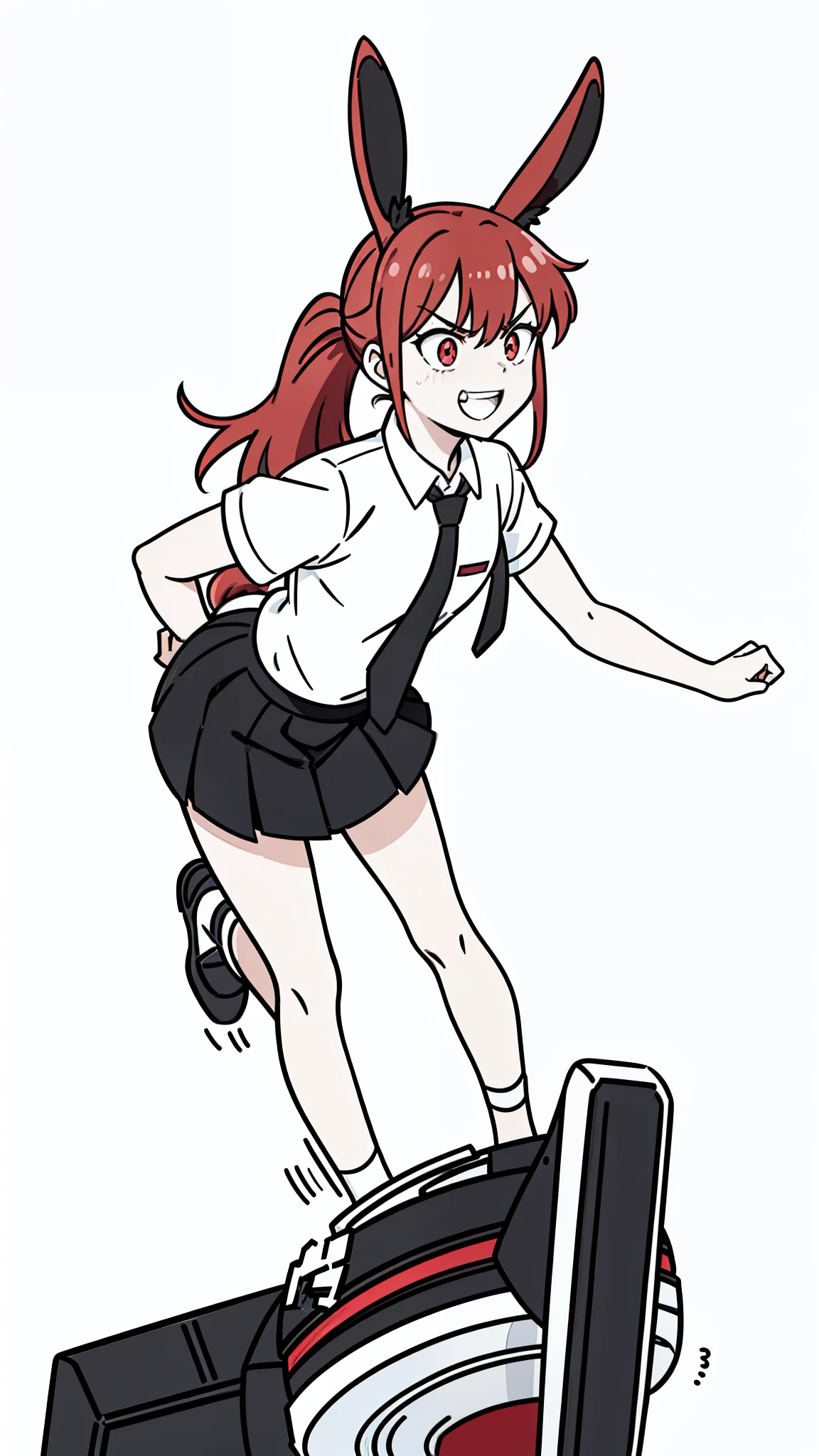 1girl,20 years old,solo,((white background,line drawing)),small hair,red hair,ponytail,long locks,((white shirt,short sleeves,black standart tie,black skirt)),smile,teeth,rabbit ears,angry,