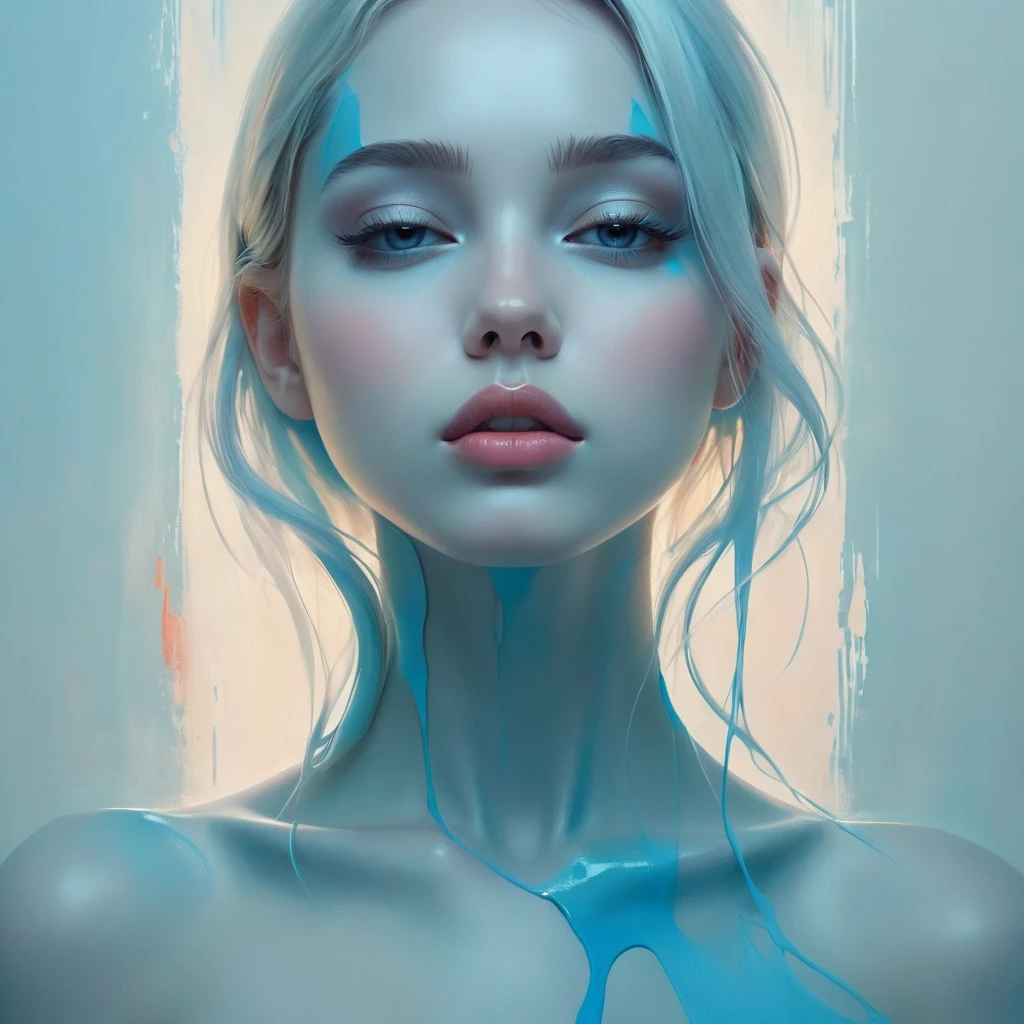 masterpiece, best quality, ultra high res, 1girl, portrait, (abstract art:1.4), (brush strokes), (colorful:1.1), bleeding blue, gradient blue theme, nude girl, minimalistic illustration, smooth skin, graceful pose, elegant curves, delicate features, soft lighting, pastel colors, highres, psychological depth, emotional expression, subtle details, fine artistry, minimalist background, intimate atmosphere, ethereal beauty, artistic form, timeless masterpiece, fluid lines, creative composition