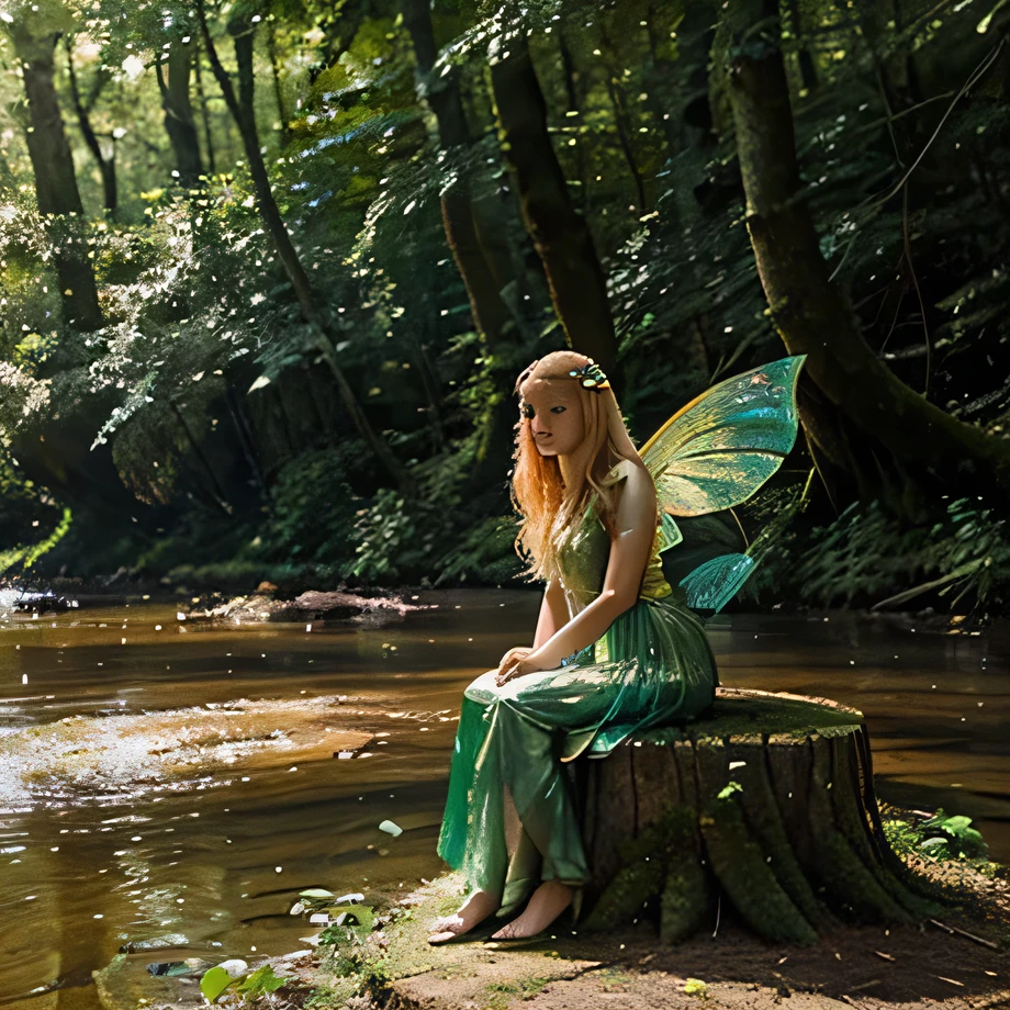 Fairy girl, golden hair, Has 4 shimmering green wings., Wear a shiny green dress., Sitting singing on a tree stump in the middle of the forest , Surrounded by streams and low trees. many types of flowers ,alone