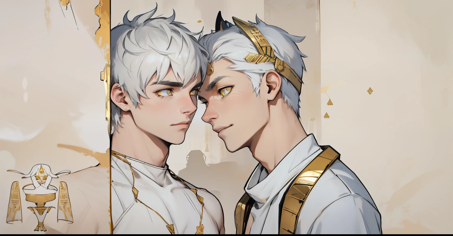 cute 18 year old boy yellow eyes white hair ancient egyptian clothing golden jewelry black and gold ancient egyptian tribal clothing