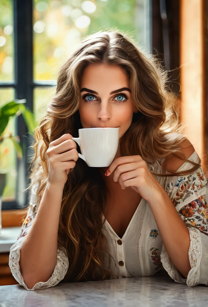 Brunette [girl:Maude Adams:0.1], holds a cup of hot coffee at her Kitchen in the early morning, (best quality, masterpieces, ultra-detailed), beautiful detailed eyes, beautiful detailed lips, longeyelashes, vibrant colors, illustrative style, high resolution fine photographs texture, flowing hair, cozy garden background, soft sunlight, lively expression, joyful interaction with the cat, dynamic pose, realistic rendering, MidJourney Aesthetic