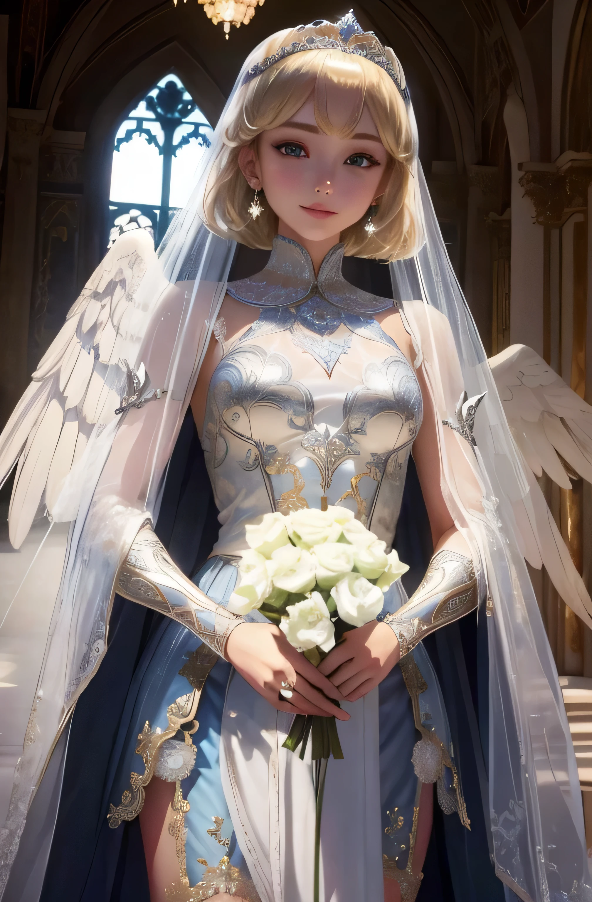 8K、Real Photo、Ultra-high resolution, Master Part, Best Quality, Ticker , Cinematic images,Amazingly cute girl、14talent、Anglo-Saxon、double eyelid、Droopy eyes、Very big eyes、Dark eyeshadow、The lips are very thin、The muscles of the nose stretch beautifully、Small nose tip,,,,, Very detailed , Blonde、Straight short hair、Smile、 Sweet expression 、Very beautiful woman、Long legs、 Very clear shadows , jewelry , sexy , Detailed eyes, Very complex, Glossy Skin , Perfect Brilliant, Perfect Lighting, Dramatic Shadows ,White tiara on head、Steel Armor、Small white angel wings behind shoulders 、Lace white gloves、Sword in hand、White see-through veil from the back of the head