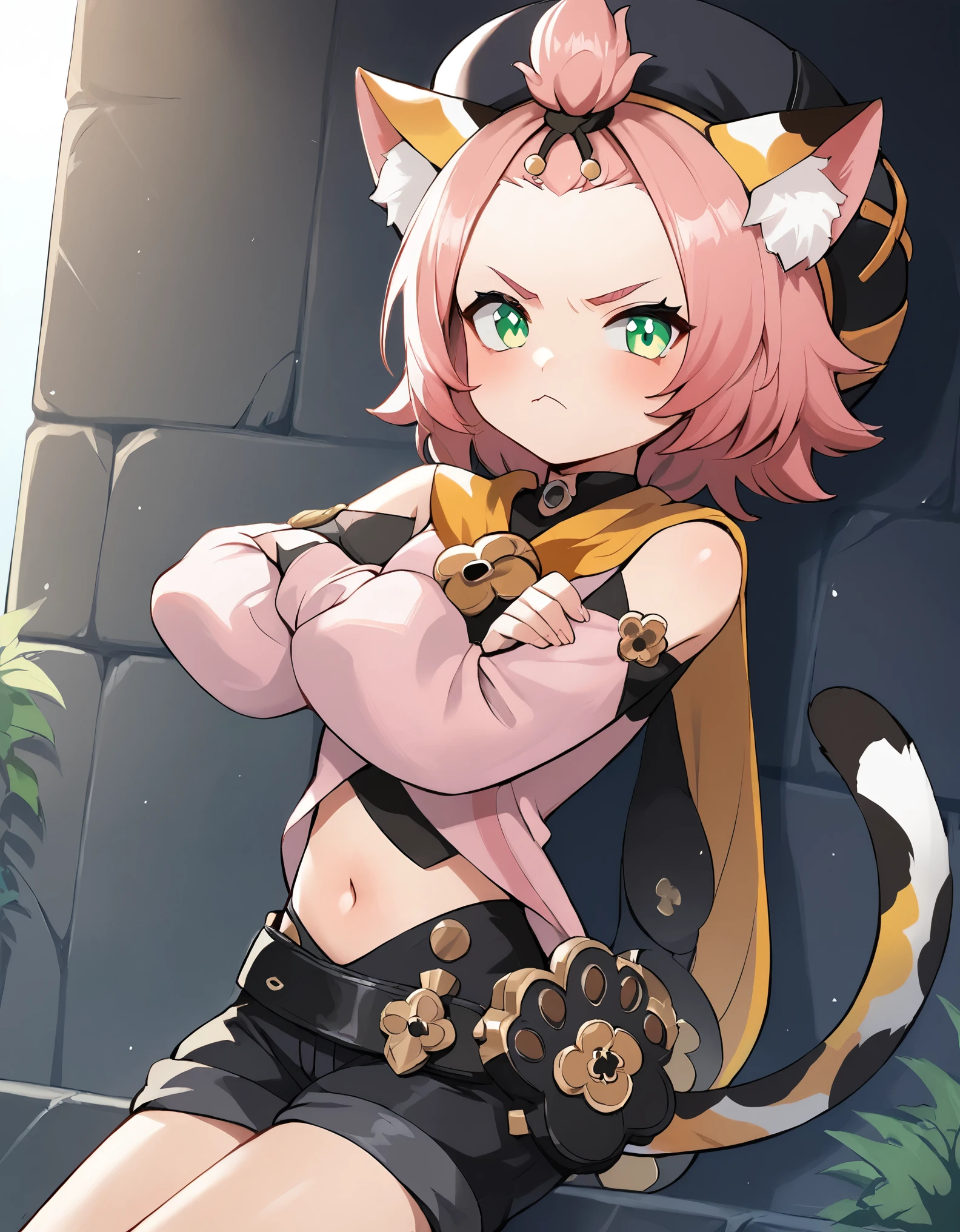 score_9, score_8_up, score_7_up, score_6, source_anime, BREAK diona \(genshin impact\), mngmst_style, 1girl, animal ear fluff, animal ears, annoyed, belt, black shorts, cat ears, cat girl, cat tail, crossed arms, forehead, green eyes, hat, looking at viewer, navel, pink hair, pink shirt, pout, shirt, short hair, shorts, solo, tail, topknot