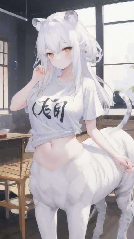 (best quality, masterpiece), 1 girl, centaur, It takes,White skin, belly button t-shirt, 아름다운 소녀 perfect white tiger photo, perfect white tiger photo
