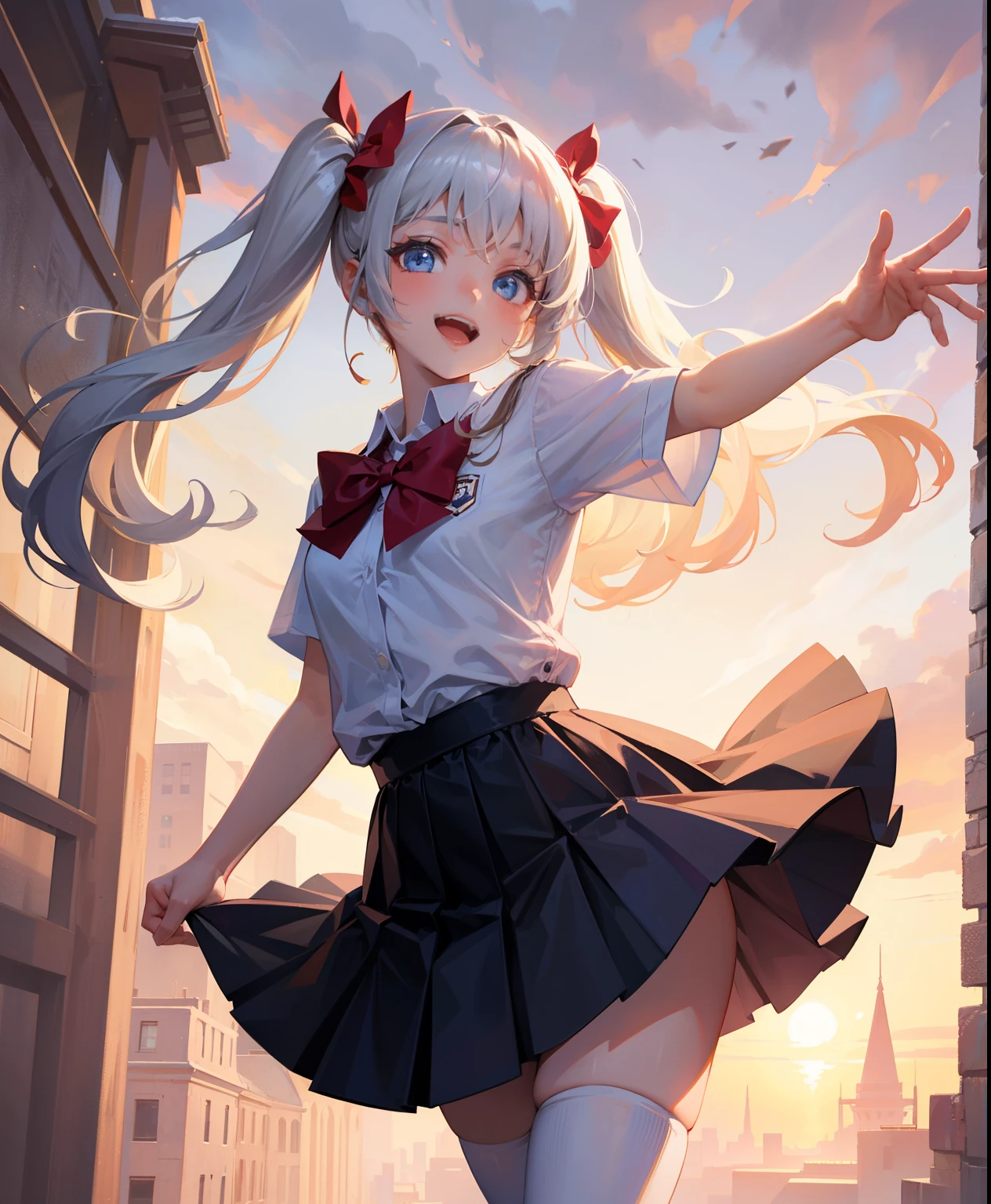 1 girl, , Dynamic posing, different poses, Arrange pose,Top quality work, twin tails hair, Show Legs,(long white hair),(blue eyes), Rose cheeks, Pretty Face, A perfectly proportioned face, school white shirt with red bow and black skirt, shirt tucked into skirt, (school uniform), (school white shirt), white stockings, small breasts, happy smile