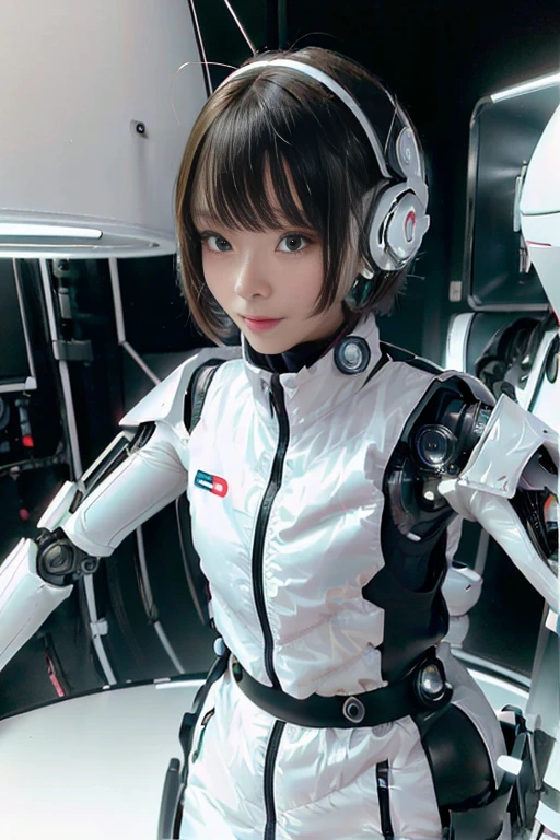 A girl in a futuristic bright white heavily armored robot suit takes a photo、perfect android girl, Female cyborg body, Perfect anime cyborg woman, Beautiful female android!, Female Robot, completely robot!! girl, Cute cyborg girl, Cyber Suit, Girl wearing mecha cybernetic armor, Cyber Suit, beutiful white girl cyborg, Beautiful female android, Beautiful girl cyborg、Cute cyborg girl with short bob hair、Beautiful android sculpture model、(Laughter)、((Rounded, white, sturdy armor))、(((Equipped with long sensor antennas on both ears)))、(((Robot Girl)))、(((Android girls)))、