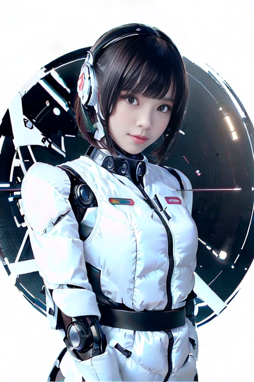 A girl in a futuristic bright white heavily armored robot suit takes a photo、perfect android girl, Female cyborg body, Perfect anime cyborg woman, Beautiful female android!, Female Robot, completely robot!! girl, Cute cyborg girl, Cyber Suit, Girl wearing mecha cybernetic armor, Cyber Suit, beutiful white girl cyborg, Beautiful female android, Beautiful girl cyborg、Cute cyborg girl with short bob hair、Beautiful android sculpture model、(Laughter)、((Rounded, white, sturdy armor))、(((Equipped with long sensor antennas on both ears)))、(((Robot Girl)))、(((Android girls)))、