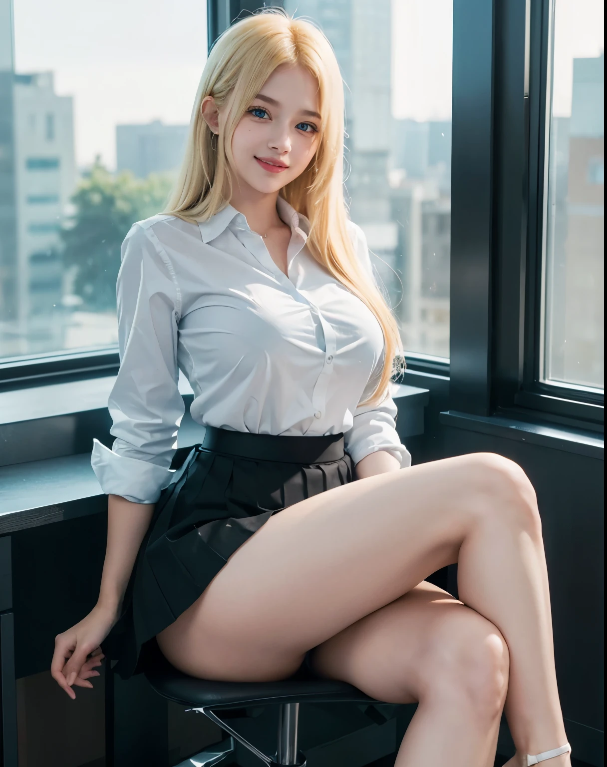 1girl, (Blue Eyes), (smiling :1.2), (Sana Minatozaki), (wide hips), Big tits, (big ass), (thin waist: 1.2), (thick and toned thighs :1.1), (Best Quality, 8k, Masterpiece: 1.3), Clear Focus: 1.2, Perfect Body Beauty: 1.4, strong abs, Highly detailed face and skin texture, detailed eyes, double eyelids, detailed skin, (blonde long straight hair), (white unbuttoned shirt :1.2), (black secretary skirt :1.3), (pump shoes :1.3), ((sitting on a desk)), (legs crossed :1.2), in an office, windows in the background, blurred background